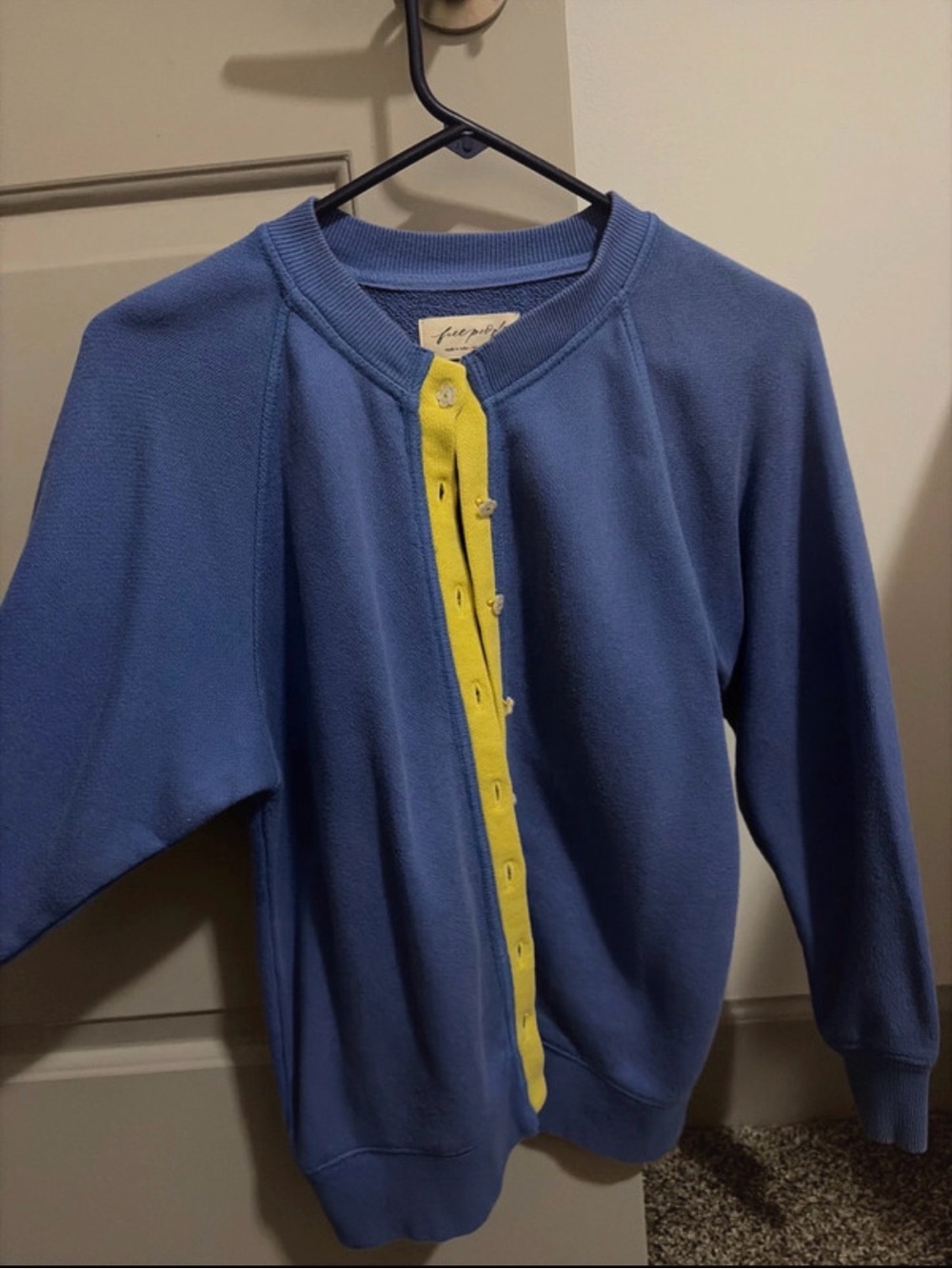Free People Vintage Blue Crewneck Cardigan with Yellow Placket - Women